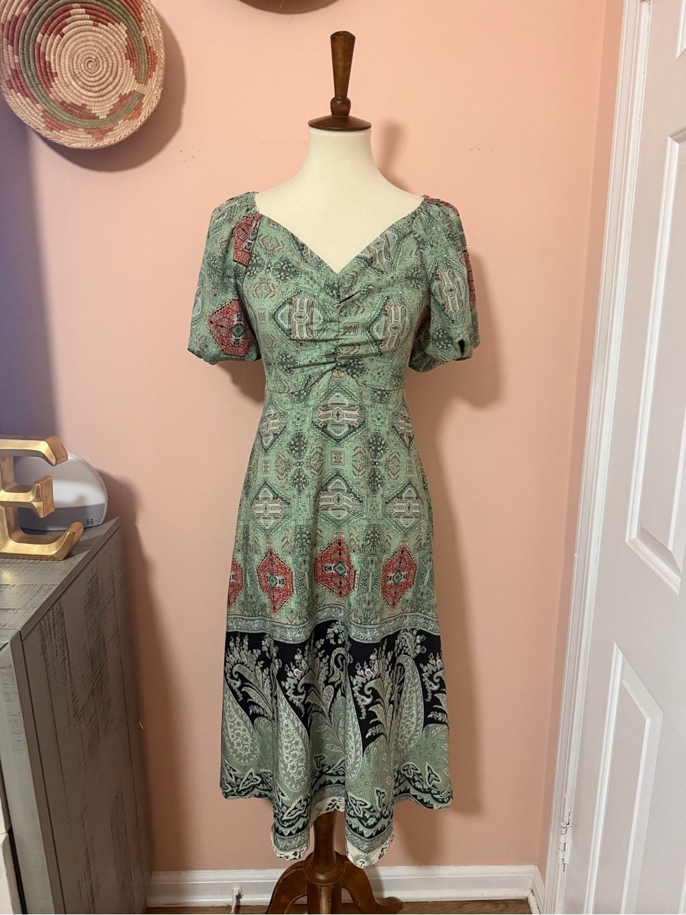 SHEIN Bohemian Printed Midi Dress Puff Sleeves in Sage and Coral Sz S